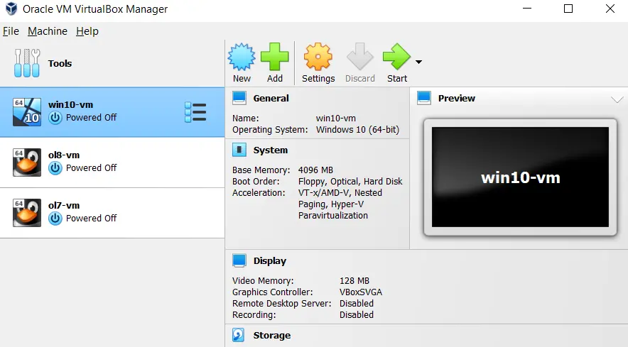 Virtualbox interface example of virtual machine